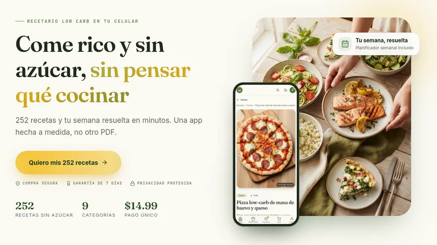 Captura real de la página de ventas de Delicias Low Carb para el cliente final