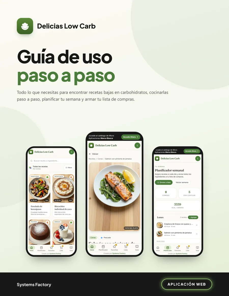 Portada del PDF «Guía de uso paso a paso» de Delicias Low Carb