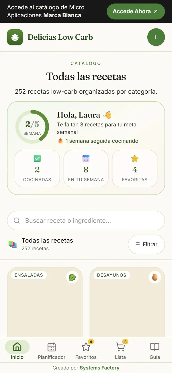 Captura real: meta y racha (5 recetas por semana)