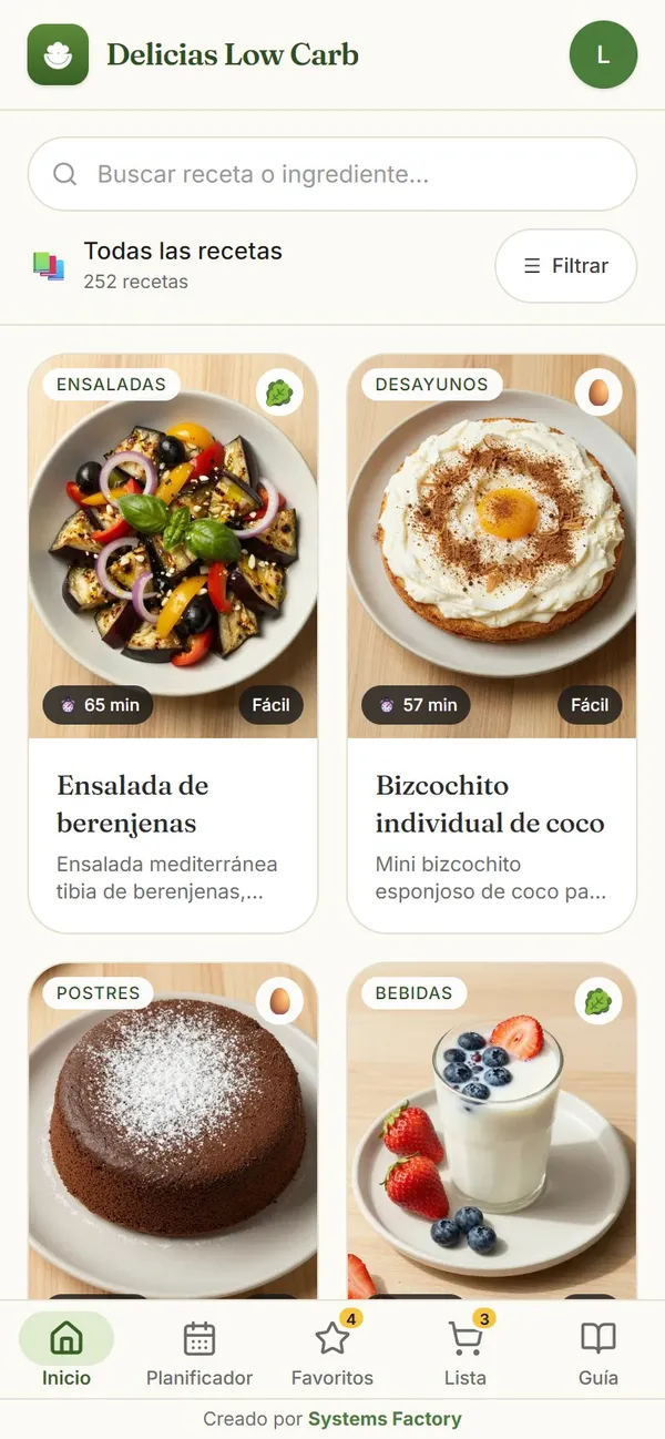 Captura real: catálogo con foto (252 recetas en 9 categorías)