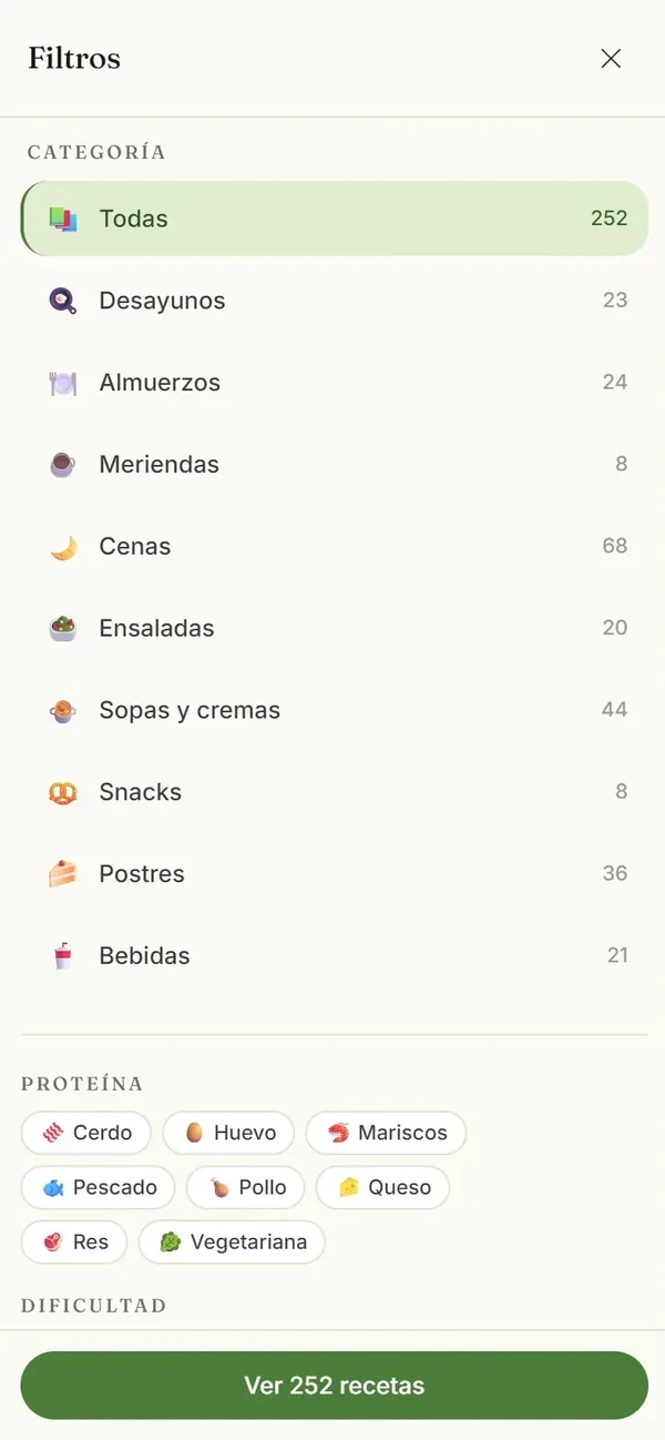 Captura real: filtros (por categoría y por 8 proteínas)