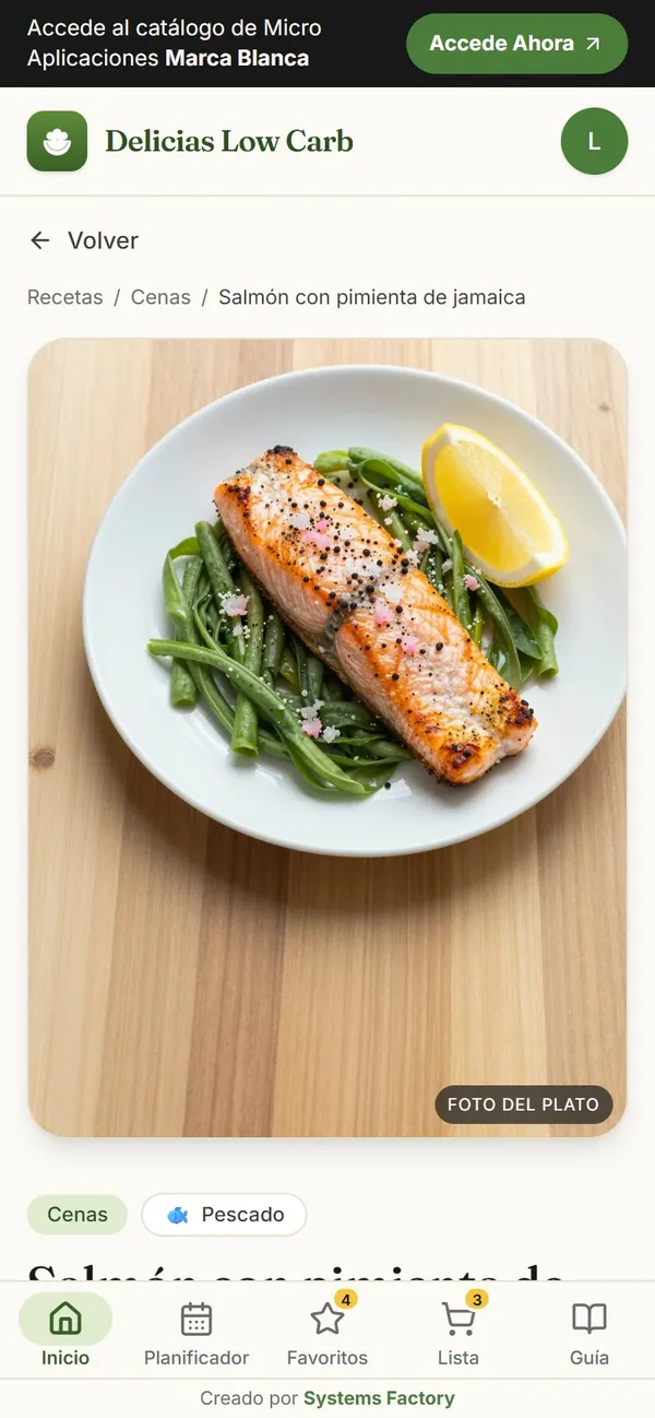 Captura real: cada receta (foto, tiempo, dificultad y kcal)