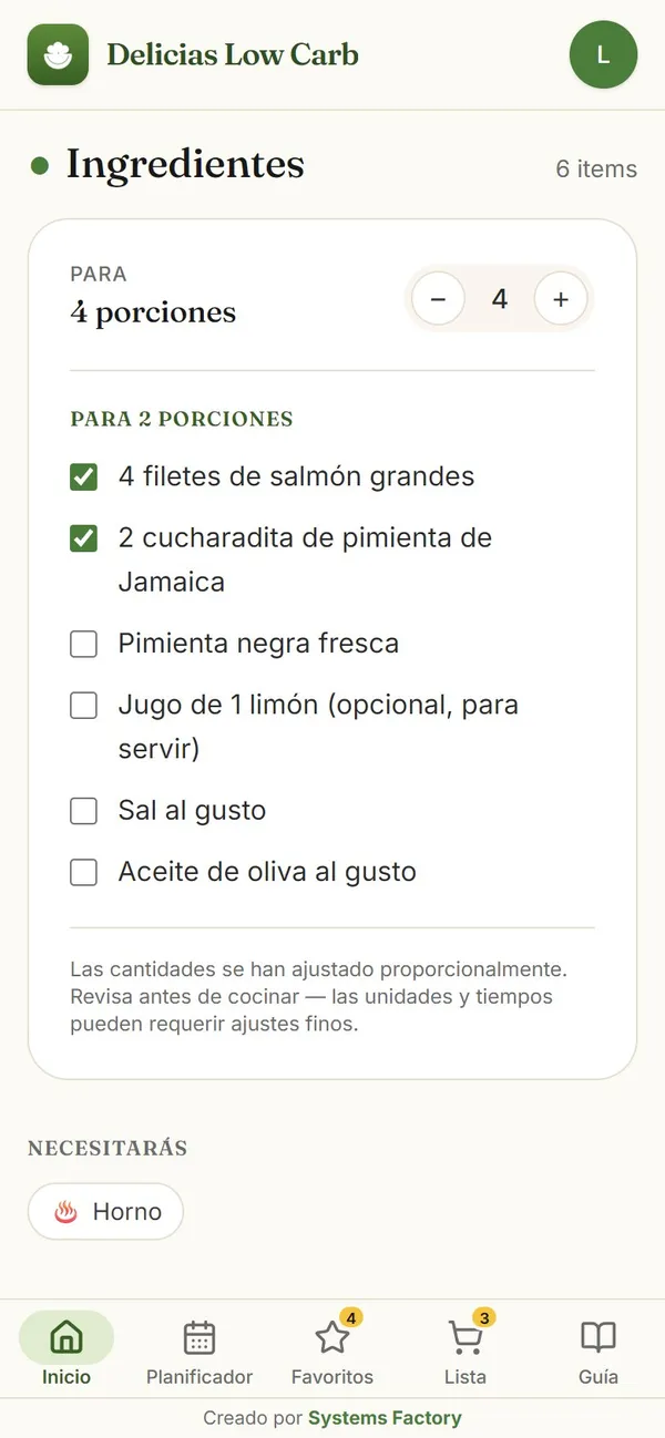 Captura real: porciones de 1 a 20 (las cantidades se recalculan solas)
