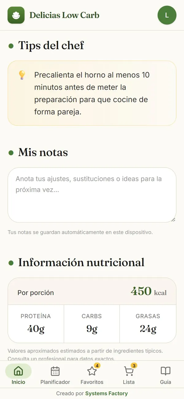 Captura real: tips del chef (en 202 recetas)