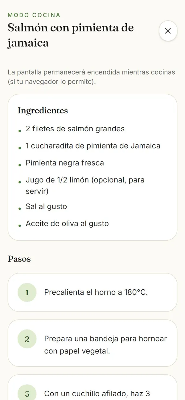 Captura real: modo cocina (pasos en grande, pantalla encendida)