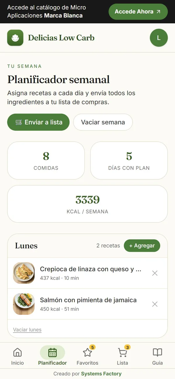 Captura real: planificador de 7 días (con las kcal de la semana)