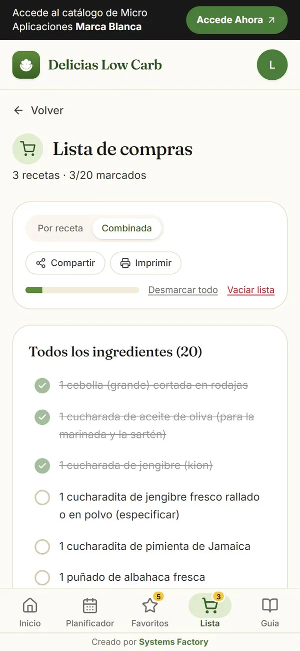 Captura real: lista de compras (por receta o combinada)
