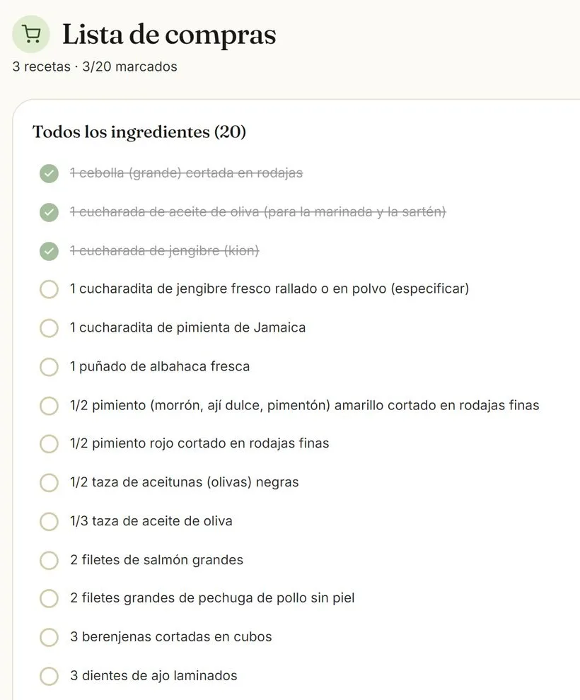 Resultado real: lista de compras combinada en versión para imprimir
