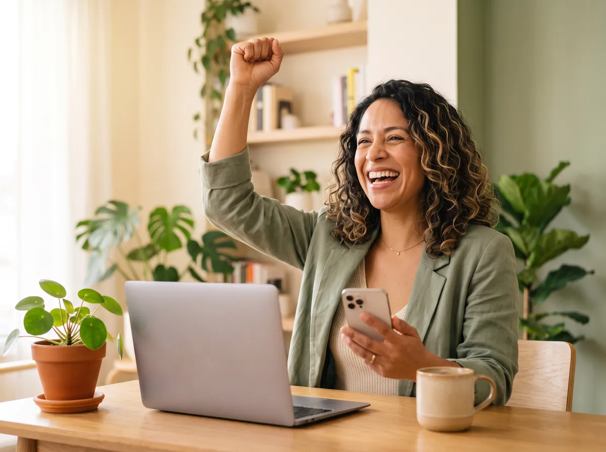 La misma emprendedora celebrando en su escritorio con el celular en la mano